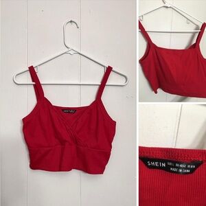 Shein Red Criss-Cross Front V-Neck Cropped Top